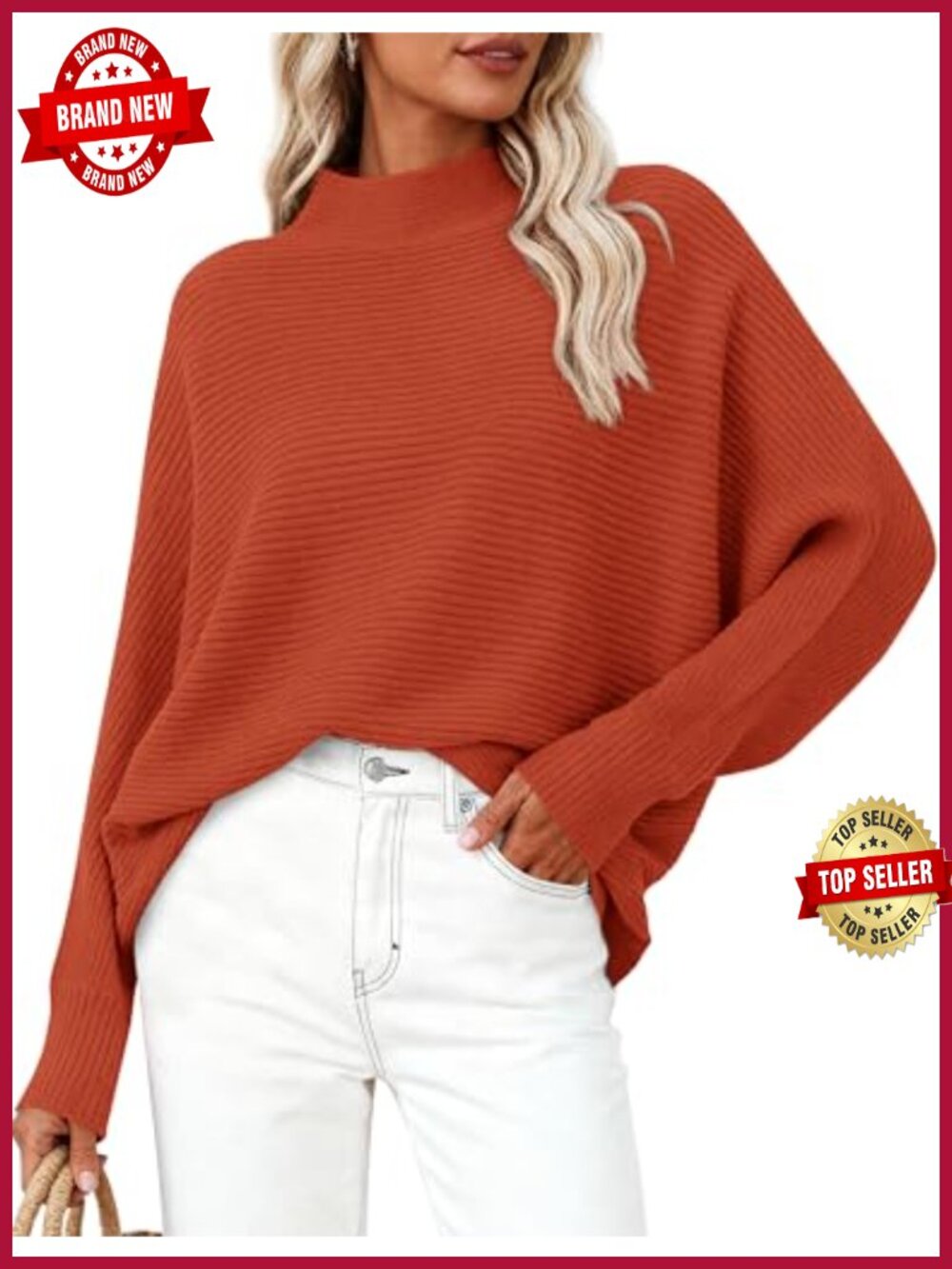 Oversized Ribbed Knit Mock Neck Batwing Sleeve Pullover Sweater